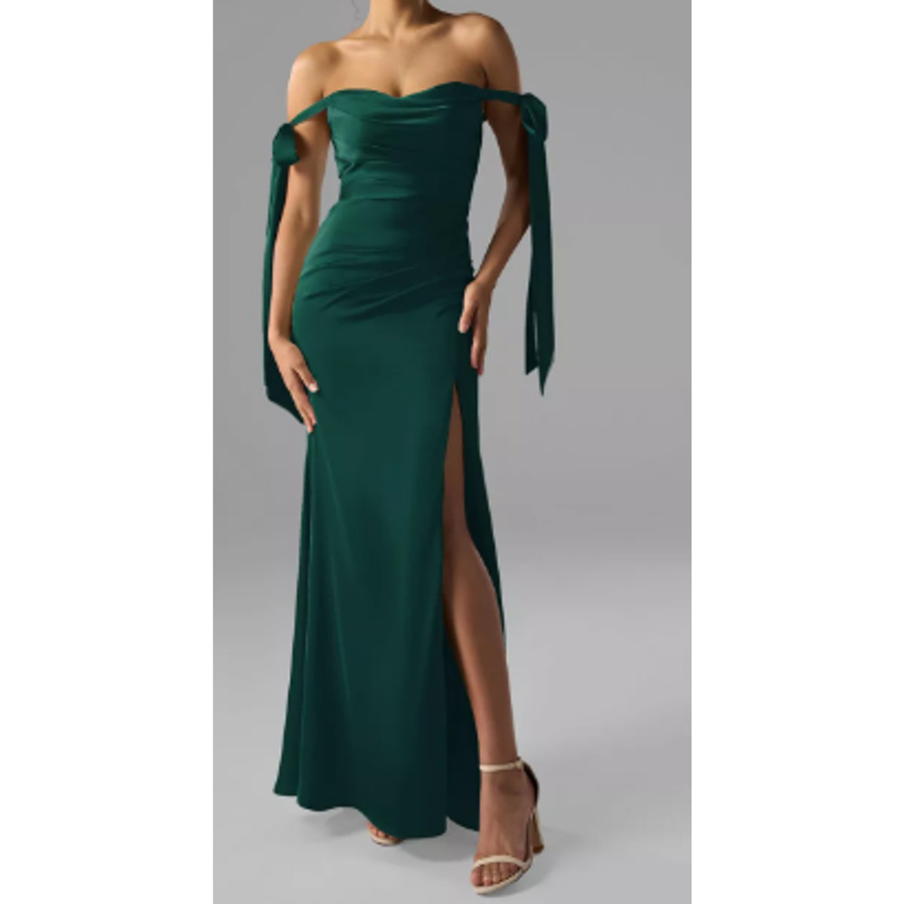 AW BRIDAL 0 XS hunter green satin Shauna bridesmaid formal maxi dress NEW B53